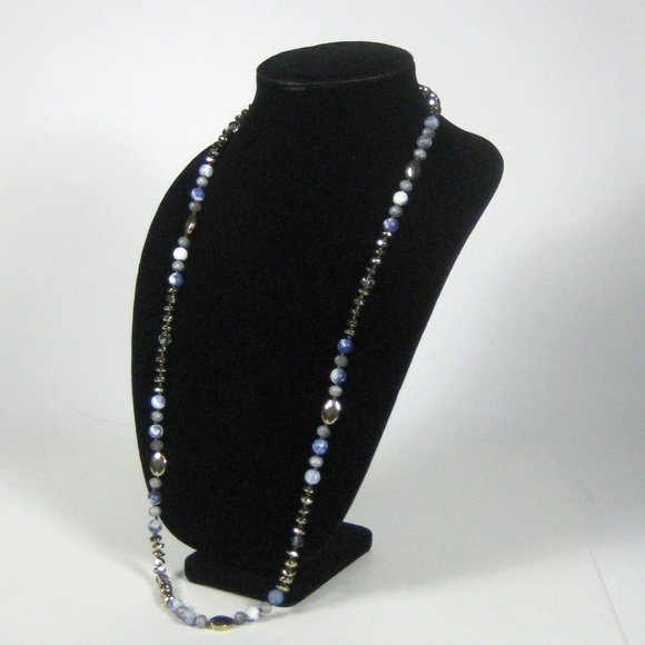 Necklace Blue Stone Beaded Goldtone Faceted Metal 36 inch Strand Statement - Picture 5 of 6